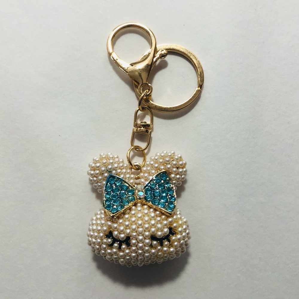 NEW Pearl Bunny Purse Charm/ Keychain with Blue Crystal Bow